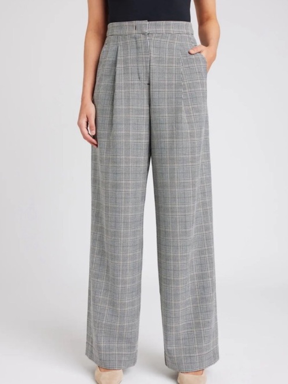 Kit and Ace Wide Leg Plaid Houndstooth High Rise Dress Pants - Gray